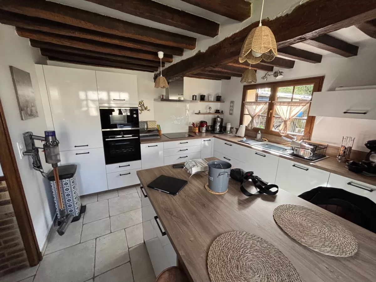 Autre angle de la cuisine montrant l'agencement global, l'îlot central au premier plan et la zone de cuisson sous la hotte décorative.