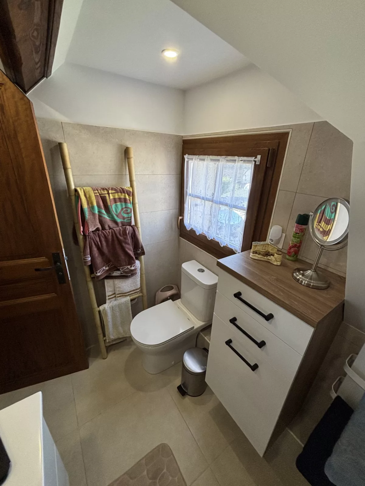 Espace toilettes et rangement optimisé sous les combles avec le WC.